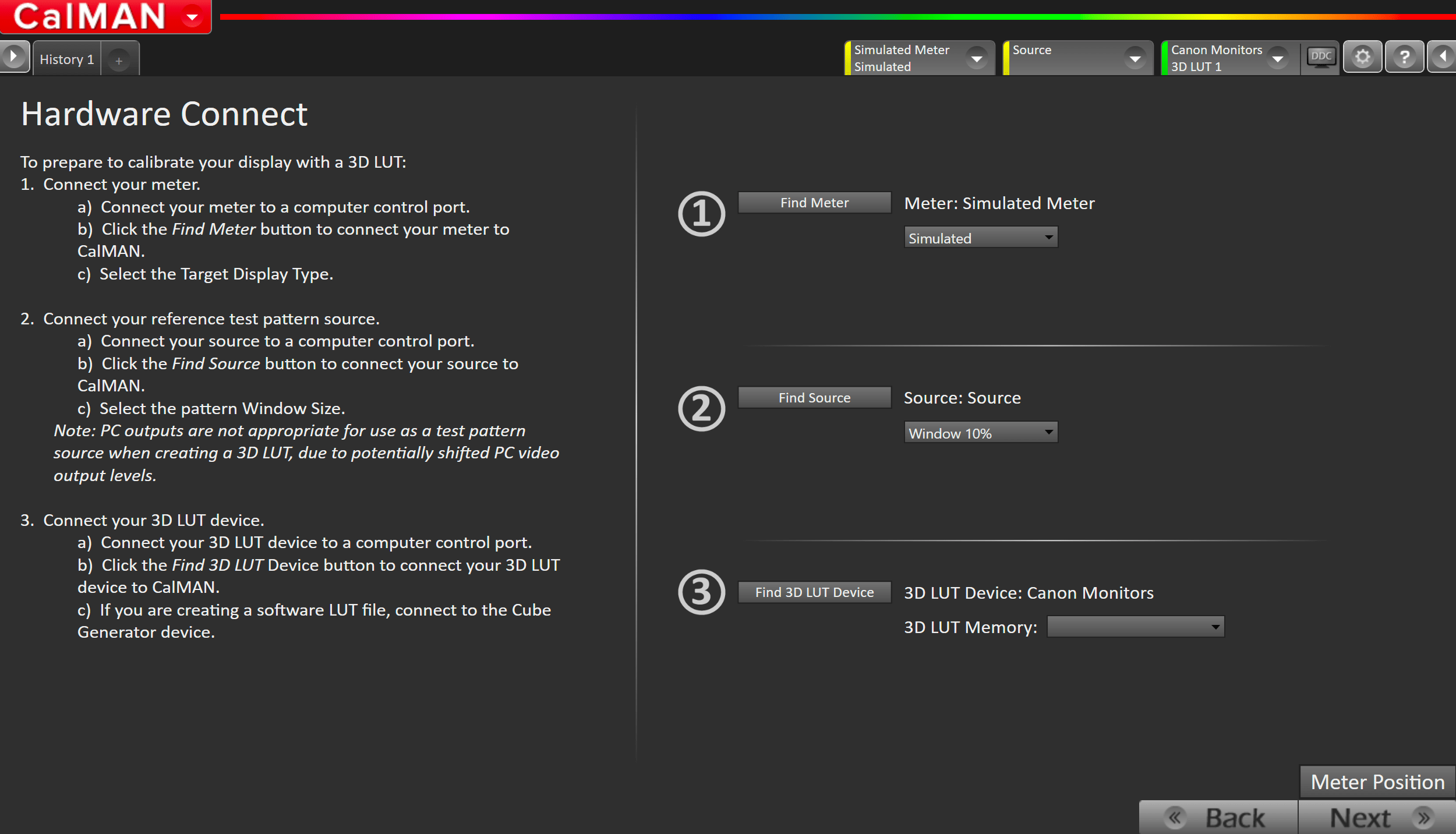 Connect your Colorimeter and Pattern Generator to Calman Connect to, and prepare your Canon Reference Monitor for calibration
